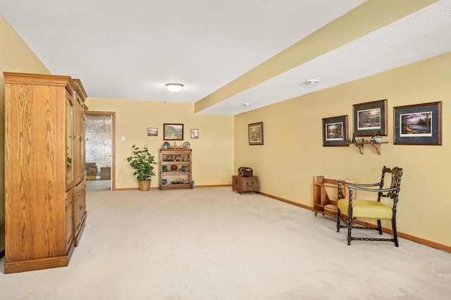 living area featuring light colored carpet, baseboards, and a textured ceiling