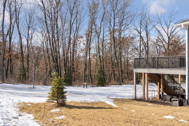 yard covered in snow with a deck and stairs