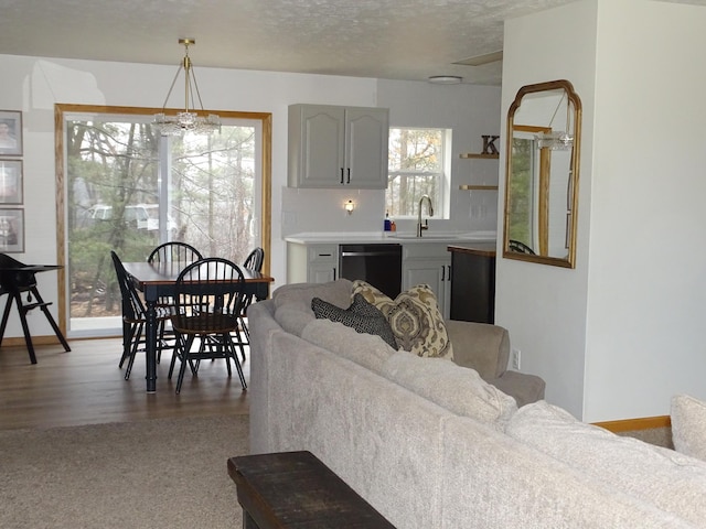 living room with carpet, a textured ceiling, and wood finished floors