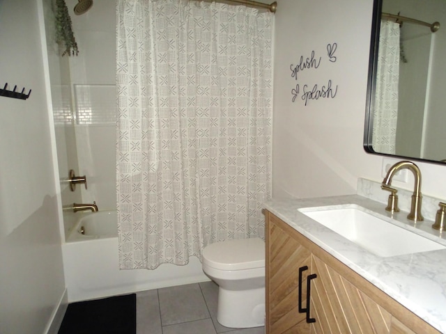 full bathroom with vanity, tile patterned flooring, shower / bath combo with shower curtain, and toilet