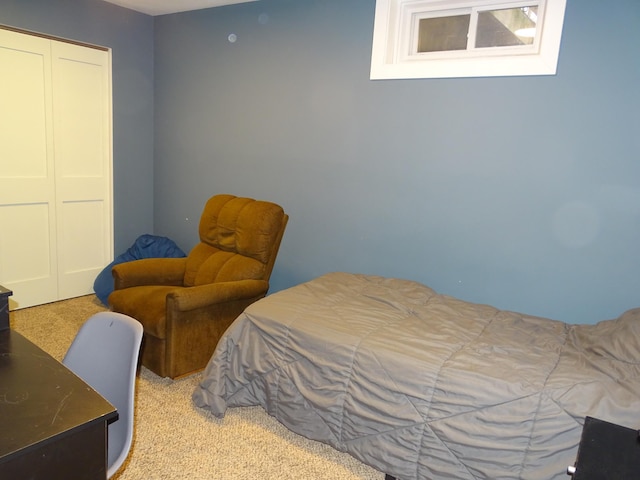 bedroom with a closet and light carpet