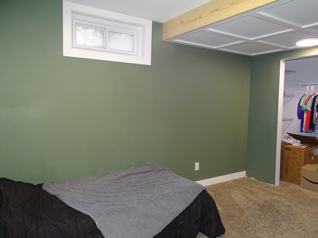 carpeted bedroom featuring a spacious closet, a closet, and baseboards