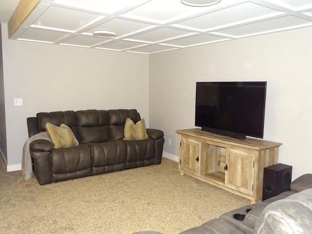 carpeted living room featuring baseboards and coffered ceiling