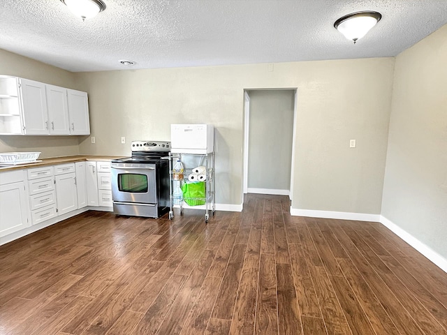 312 4th St E, Jasper, MN 56144 - kitchen featuring stainless steel electric range, open shelves, dark wood finished floors, white cabinetry, and a textured ceiling