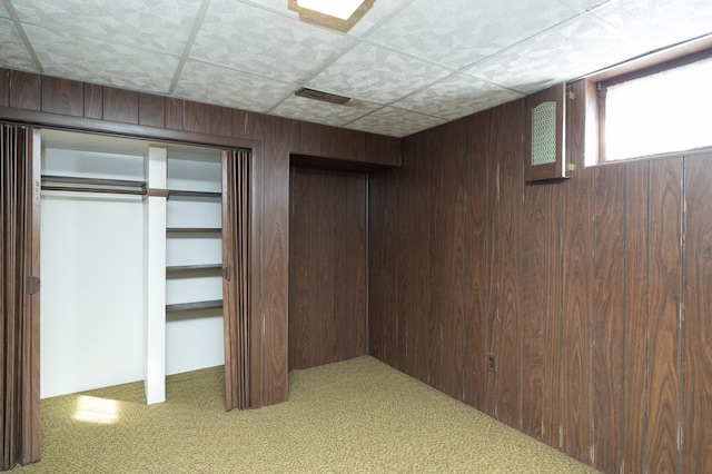 below grade area featuring carpet floors and wood walls