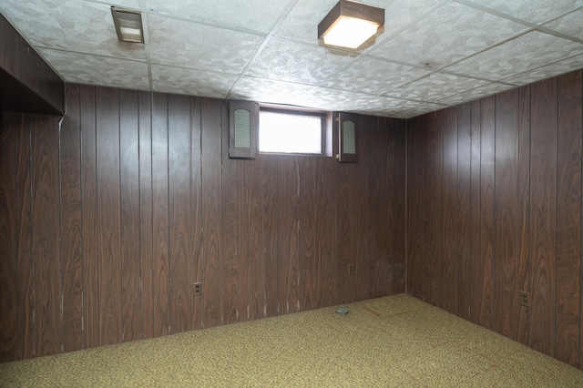 basement with carpet floors and wood walls