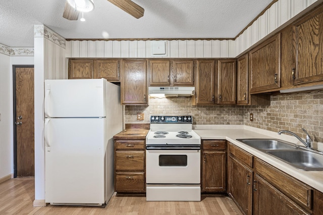 kitchen featuring white appliances, light wood-type flooring, a sink, and under cabinet range hood