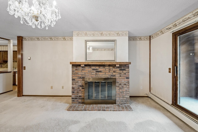 unfurnished living room featuring a textured ceiling, a fireplace, baseboard heating, and carpet flooring