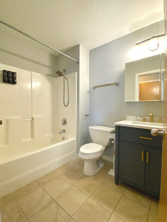 bathroom with bathtub / shower combination, toilet, vanity, a textured ceiling, and tile patterned floors