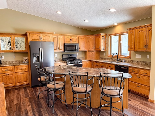 kitchen with stainless steel appliances, vaulted ceiling, a sink, and dark wood-style flooring