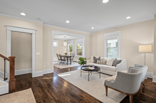 living room with stairs, recessed lighting, wood finished floors, and crown molding