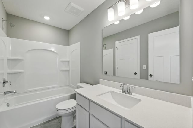 bathroom featuring visible vents, toilet,  shower combination, tile patterned flooring, and vanity