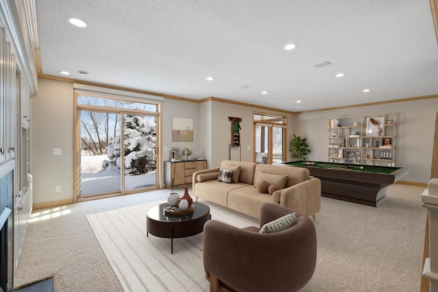 carpeted living area with ornamental molding, a textured ceiling, and pool table