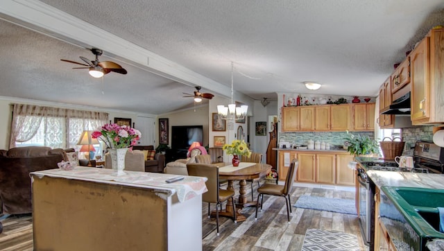 kitchen featuring open floor plan, under cabinet range hood, lofted ceiling with beams, and stainless steel gas stove