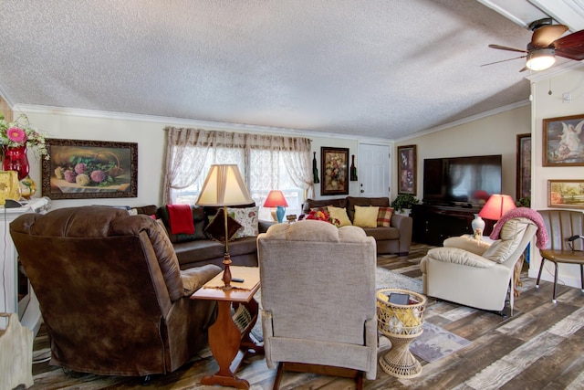 living room with lofted ceiling, wood finished floors, crown molding, a textured ceiling, and ceiling fan