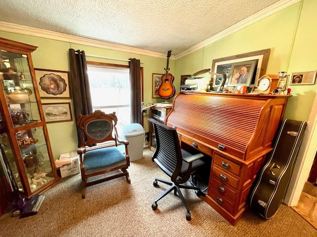office area with carpet flooring, a textured ceiling, and ornamental molding