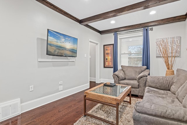 living room with recessed lighting, wood finished floors, visible vents, baseboards, and beam ceiling