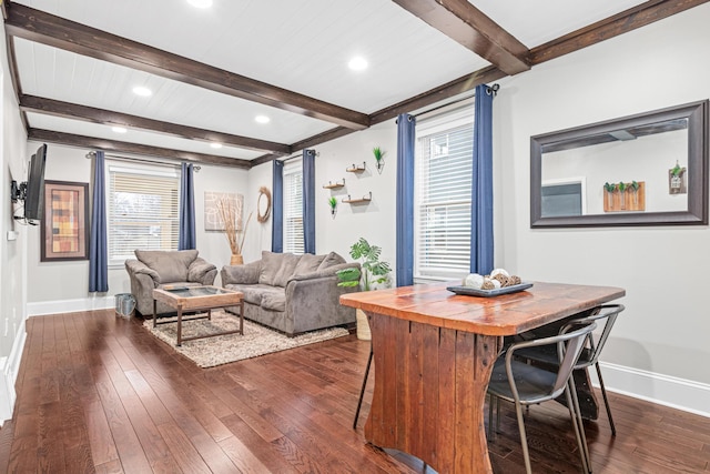 living room with recessed lighting, dark wood finished floors, beam ceiling, and baseboards