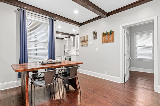 dining area featuring recessed lighting, beam ceiling, baseboards, and dark wood-style flooring