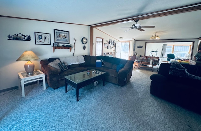 carpeted living room with ornamental molding, vaulted ceiling, and a wealth of natural light