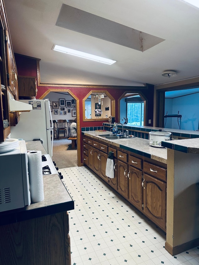 kitchen with dark brown cabinetry, freestanding refrigerator, light countertops, light floors, and a sink