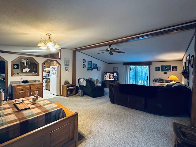 carpeted bedroom featuring arched walkways, freestanding refrigerator, vaulted ceiling, a textured ceiling, and ceiling fan with notable chandelier