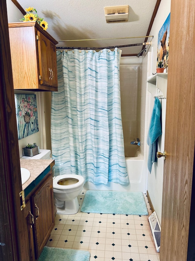 full bath with a textured ceiling, toilet, vanity, visible vents, and shower / bathtub combination with curtain