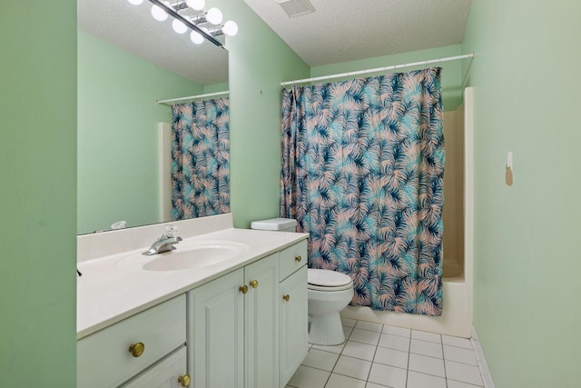 3679 Commonwealth Rd, Woodbury, MN 55125 - full bath with vanity, toilet, tile patterned floors, shower / tub combo, and a textured ceiling