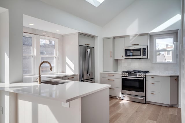 kitchen featuring a sink, modern cabinets, lofted ceiling with skylight, and appliances with stainless steel finishes