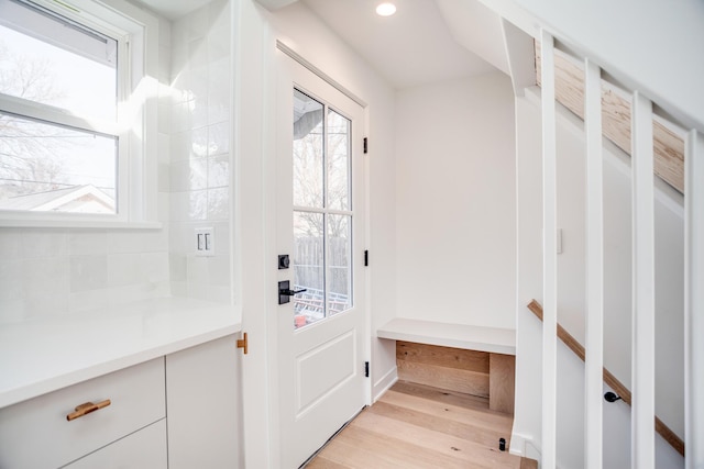 entryway featuring recessed lighting and light wood-style floors