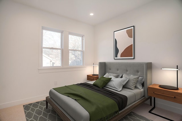 bedroom with carpet flooring, recessed lighting, and baseboards