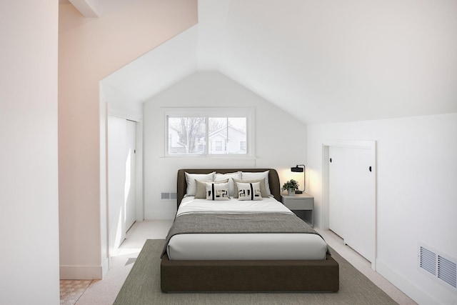 bedroom with vaulted ceiling, light colored carpet, visible vents, and baseboards