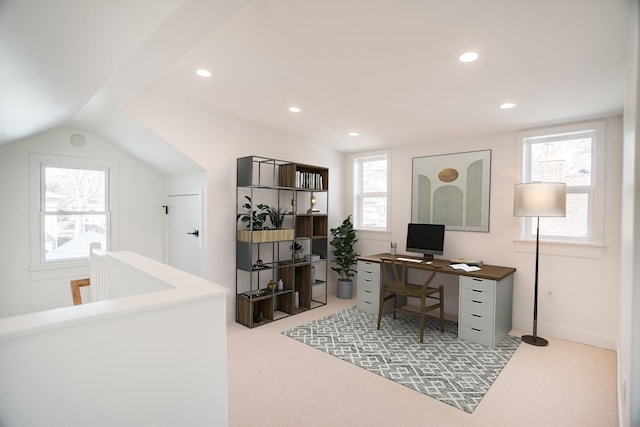 carpeted home office featuring recessed lighting, lofted ceiling, and baseboards