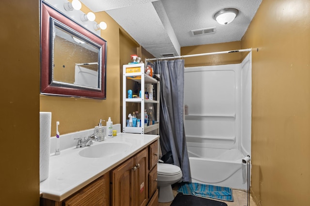 bathroom with visible vents, shower / bathtub combination with curtain, toilet, a textured ceiling, and vanity