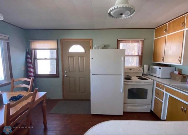 17140 Big Cormorant Rd, Lake Eunice Twp, MN 56511 - kitchen featuring white appliances, plenty of natural light, brown cabinetry, and dark wood-style floors