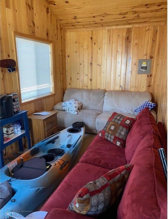 17140 Big Cormorant Rd, Lake Eunice Twp, MN 56511 - living area featuring wood walls and wooden ceiling