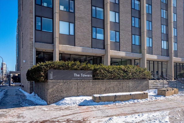 view of snow covered building