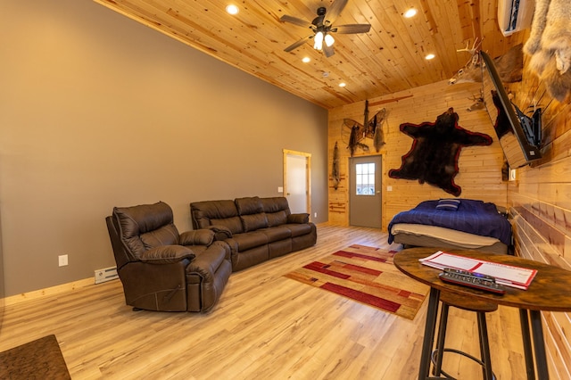 living area featuring recessed lighting, ceiling fan, wood finished floors, wooden ceiling, and baseboards