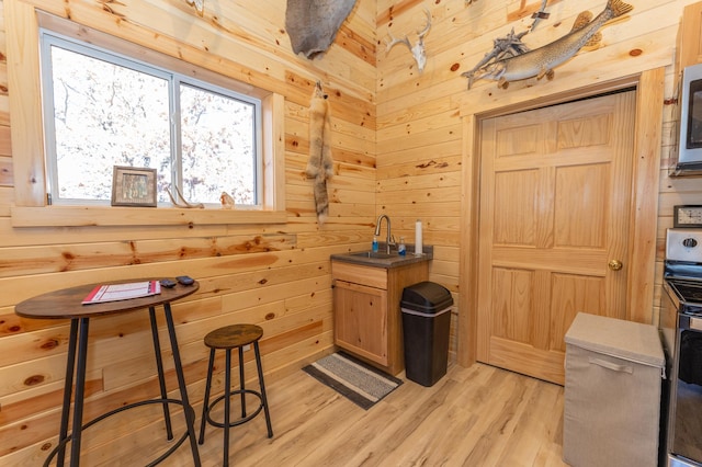 interior space with wooden walls and light wood finished floors