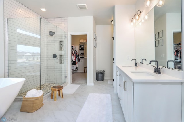 full bathroom featuring a stall shower, a walk in closet, and a sink