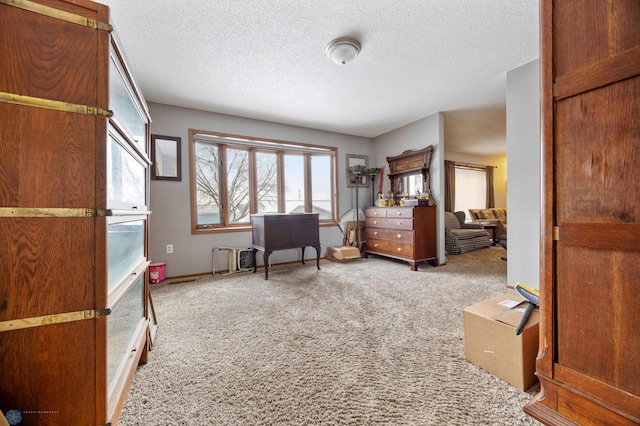 carpeted bedroom with a textured ceiling and baseboards