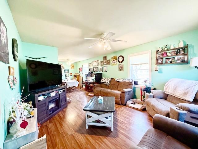 living area with ceiling fan and wood finished floors