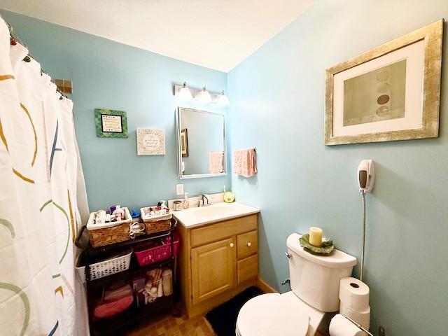 full bathroom with toilet, a shower with shower curtain, and vanity