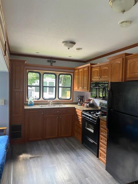 kitchen featuring light wood-type flooring, black appliances, a healthy amount of sunlight, and a sink