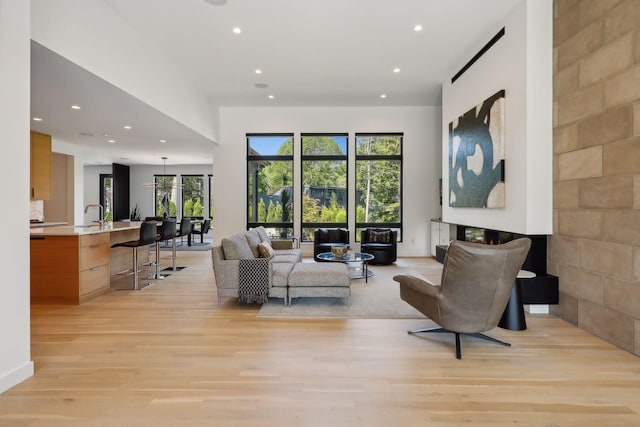 living area with light wood-type flooring and recessed lighting