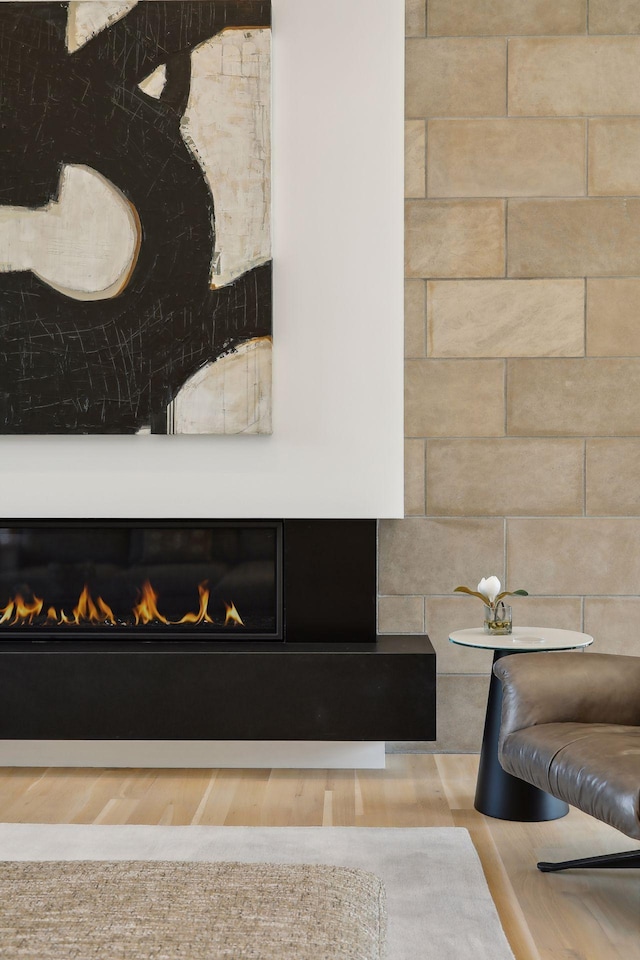 room details featuring wood finished floors and a glass covered fireplace