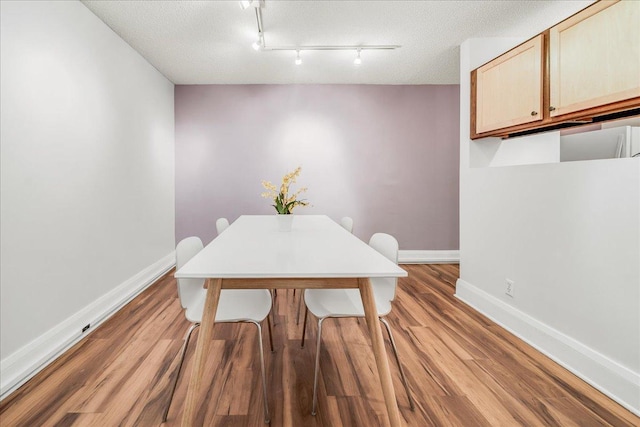 79 Western Ave N Unit 305, Saint Paul, MN 55102 - dining room with baseboards, light wood-style flooring, rail lighting, and a textured ceiling