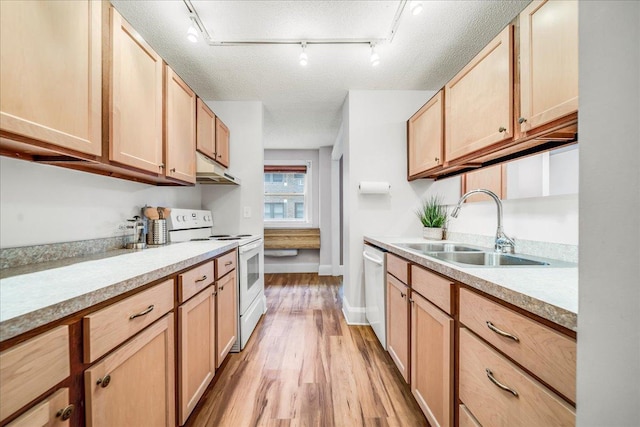 79 Western Ave N Unit 305, Saint Paul, MN 55102 - kitchen featuring white electric stove, dishwashing machine, a sink, light wood finished floors, and light countertops