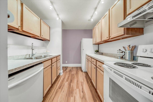 79 Western Ave N Unit 305, Saint Paul, MN 55102 - kitchen with white appliances, under cabinet range hood, a sink, light brown cabinets, and a textured ceiling