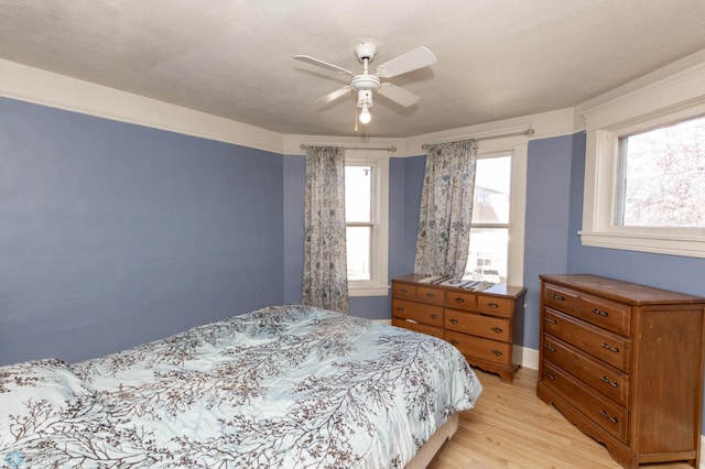 bedroom with light wood finished floors and ceiling fan